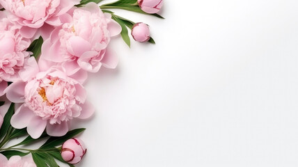 Wall Mural - composition of a bouquet of pink peony flowers, top view with copy space on a white background