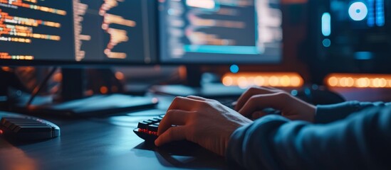 Poster - The person is elegantly typing on a keyboard in front of a monitor, using fingers and thumbs to make gestures on the electric blue display device.