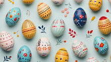 Assorted Patterned Easter Eggs on Pastel Background