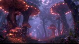 Fototapeta Sport - A breathtaking digital painting of a fantasy forest with towering mushrooms aglow with internal light, amidst an ethereal misty landscape. Resplendent.