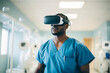 © ink drop - A doctor or nurse healthcare worker wearing VR virtual reality headsets in a hospital