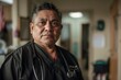 © ChaoticMind - A serious man in black scrubs stands against a plain indoor wall, his face marked with wrinkles and a furrowed brow, wearing a jacket as he gazes into the camera with determination