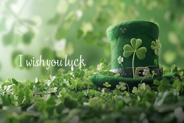  Wish You Luck hand lettering greetings card or poster design. Sketched illustration of irish shamrock symbol with ornate calligraphy and green hat