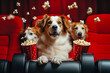 A pack of well-behaved canines enjoys a movie night in the cozy theater, snacking on popcorn as they sit contently in their red and brown chairs