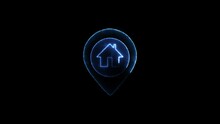 Glowing neon line Map pointer with house icon isolated on black background. Home location marker symbol. neon line location and home icon.