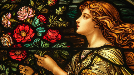 Wall Mural - In a stunning stained gl window a heavenly figure with flowing hair and graceful dry holds a bouquet of flowers representing the renewal of life in the Renaissance Gothic