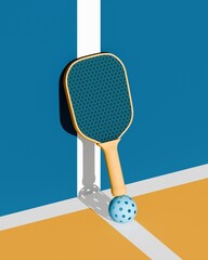 Wall Mural - Pickleball sport equipments. The racket with ball is resting against the wall on court. 3d illustration, render. Isometric style