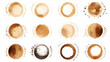 Assorted coffee stains on white background depicting various brown tones and splashes