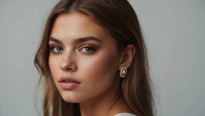 Wall Mural - Portrait of a beautiful stylish european girl. Luxurious curly curls.Earrings with precious stones in the ears. A clean, shiny face.The concept of beauty.It is possible for use in advertising jewelry.