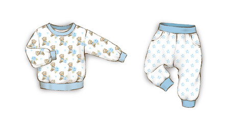 Clothes for baby boy.Watercolor hand painted illustration isolated on white background.