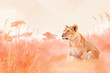 Graceful lion in a peach fuzz hued savannah, exuding serenity of the wild. Concept of lioness natural elegance, wildlife, art and calming rythms.