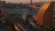 Brooklyn Midtown Skyline At Dusk Over Hudson River, New York City. Aerial Brooklyn Bridge, New York City From Drone. Top View Of Brooklyn Buildings Of New York. Historic Famous Brooklyn, NYC.