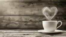 Vintage Elegance, Coffee Cup Adorned With Heart Steam On Aged Wood