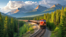 A Train Chugging Along A Railway Track Surrounded By Mountains And Forests Illustrating The Efficiency Of Using Rail Transport For Longdistance Cargo Delivery In Intermodal
