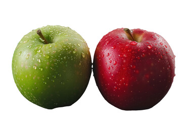 Wall Mural - fresh red and green apples with water droplets, isolated on transparent background,  healthy natural food, side by side fruit