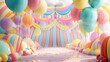 The image displays a vibrant party setting with a grand hall decorated with a plethora of balloons in shades of pink, blue, and yellow. Majestic streamers hang from the ceiling, complementing the whim