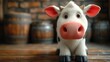a close up of a toy cow on a wooden table with barrels in the back ground and a brick wall in the background.