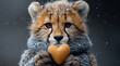 a cheetah cub holding a heart shaped object in it's paws while it's snowing.