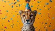 a cheetah wearing a party hat surrounded by confetti and confetti sprinkles.