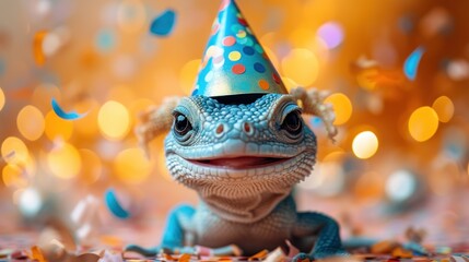 Wall Mural - a lizard wearing a party hat with confetti on it's head sitting on a bed of confetti.