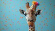 a close up of a giraffe's face with a party hat on top of it's head.