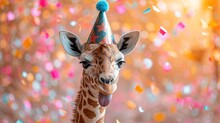 A Giraffe Sticking Its Tongue Out In Front Of A Backdrop Of Confetti And Confetti Cones.