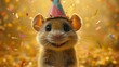 a rat wearing a party hat with confetti on it's head and a party streamer in the background.