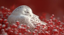 A Snowy Owl Is Sleeping In A Field Of Red And White Flowers, With It's Eyes Closed And Eyes Closed.