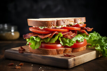 Wall Mural - BLT sandwich, bacon lettuce and tomato on whole wheat bread close up on a cutting board for lunch