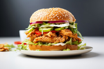 Sticker - Chicken sandwich with fried chicken fillet and vegetables close up on the table