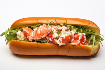 Wall Mural - Lobster roll with greens on a brioche bun for lunch close up on white background