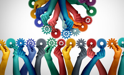 Leinwandbilder - Cross Team Collaboration as teams working together to advance to success as group cooperation and joint effort as two groups in a coordinated effort with diverse hands with gears and cogs.