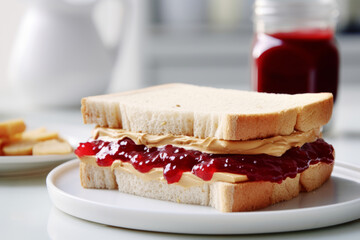 Wall Mural - Peanut butter and jelly sandwich in a white kitchen on the table for breakfast