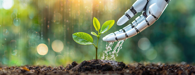 Wall Mural - An artificial robotic hand gently watering a young green plant in rich soil, symbolizing technology's role in agriculture, nature in the background.