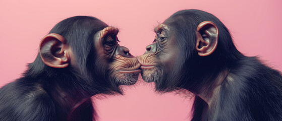 Wall Mural - two anthropomprophic monkeys giving each other a candy kiss on solid background, copy space