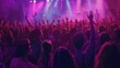 many people enjoying rock concert, crowd with raised up hands dancing in nightclub, audience applauding to musician band, night entertainment, music festival, happy youth, luxury party