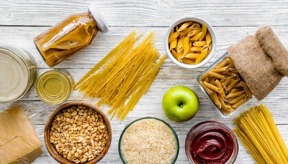 Sticker - food donations such as pasta rice oil peanut butter canned food jam and other on white wooden table top view