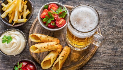 Wall Mural - drinking beer with traditional belgian snack top view