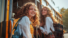 Happy Smiling Teenage Schoolgirls In Plaid Skirt And White Blouse With Vest, With School Backpack, Boarding School Bus, Space For Education Concept