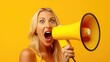 A woman yells into a yellow megaphone against a vibrant yellow background, conveying a message of excitement or urgency