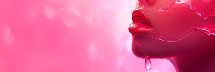 Banner with juicy red female lips in water drops on pink background with space for text