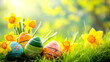 canvas print picture - Easter eggs with daisies on green grass on a sunny day