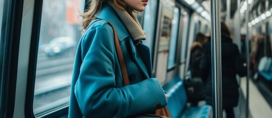 Stylish woman in blue coat standing elegantly on subway platform waiting for train