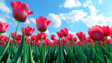Fototapeta Tulipany - Red tulips against blue sky