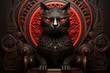 a black cat statue with red eyes