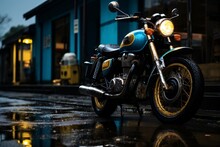 A Blue Motorcycle Parked On A Wet Street