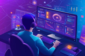 Wall Mural - Tech-savvy person seated in a chair and working on computer device isolated in colorful background, business infographic elements, man works with charts and graphs, data analyze and Big data concept