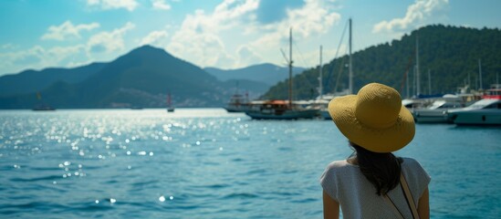 Sticker - Serene woman wearing stylish hat gazing at the tranquil water surface on a sunny day