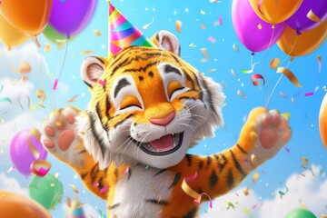 Wall Mural - Children's birthday card. A cute baby tiger with confetti and colorful balloons.