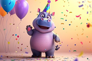 Wall Mural - Children's birthday concept. A cute hippo with confetti and colorful balloons.